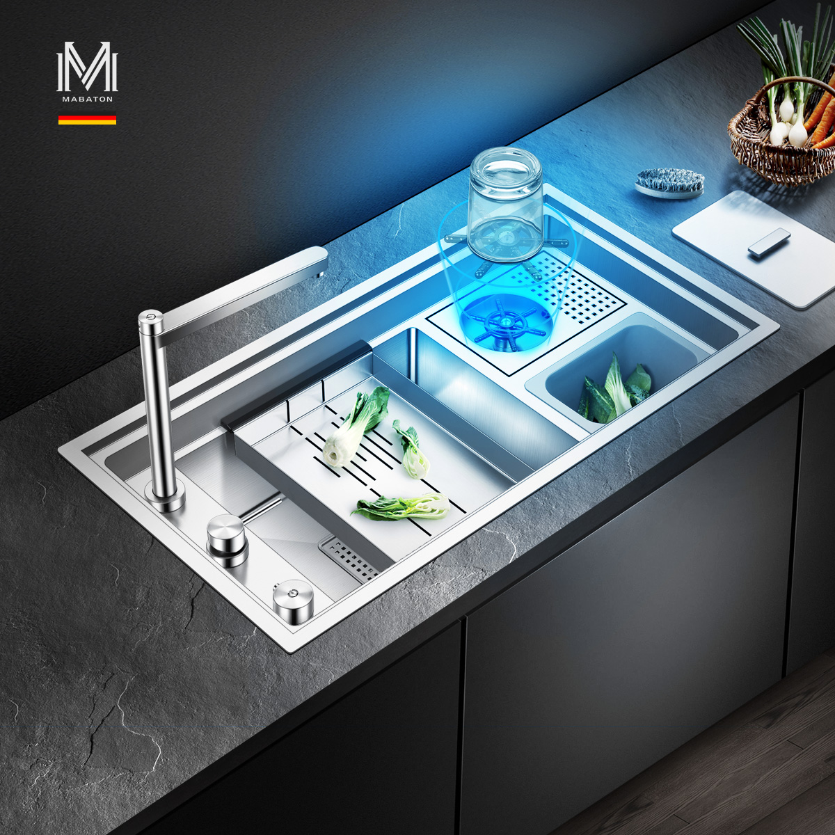 升降龙头 隐藏式平板水槽 带洗杯器 垃圾桶