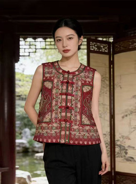 2026春夏款新中式重工刺绣女款马甲国风盘扣无袖坎肩锦缎刺绣背心