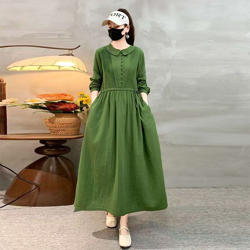 2026春秋复古文艺棉麻娃娃领收腰系带显瘦长袖连衣裙纯色A字长裙
