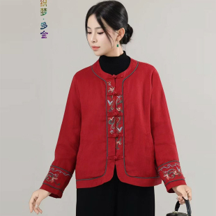 炫织梦秋款新中式国风盘扣对开襟亚麻双层外套民族风女装刺绣上衣