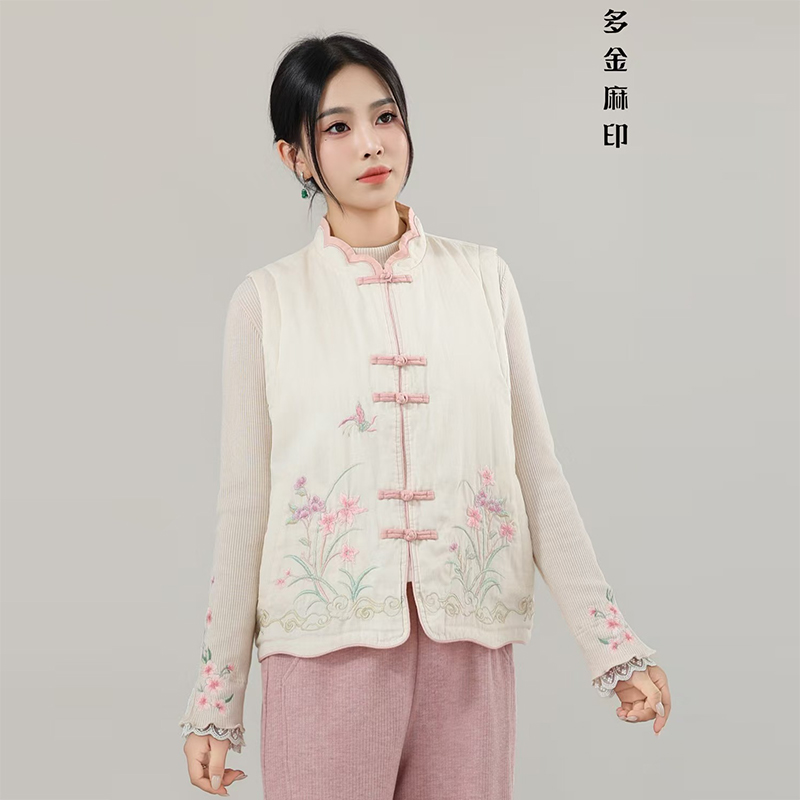 多金麻印新中式女装马甲上衣2025秋冬国风夹棉外套苎麻刺绣坎肩女