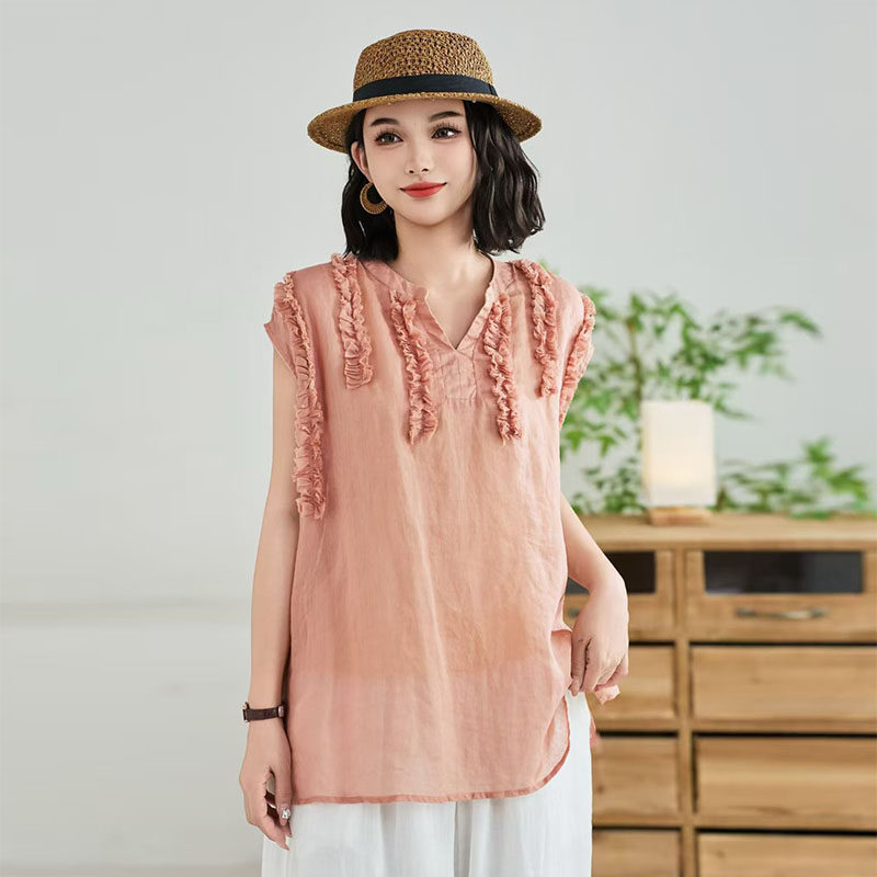 2026夏季新款文艺复古风苎麻V领无袖衬衫木耳边显瘦气质女款上衣