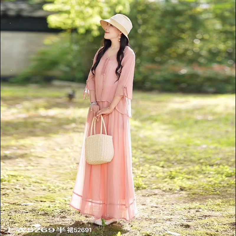 高端苎麻上衣半身裙气质两件套女