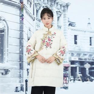 炫织梦24年新款民族风中长款羽绒服复古国风女装立领刺绣斜襟外套