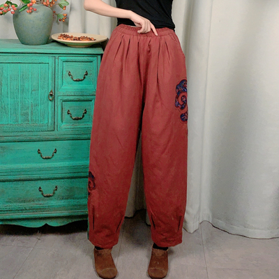 加厚松紧腰羽绒棉刺绣棉裤保暖