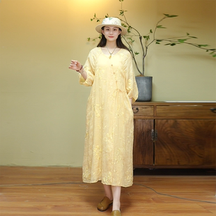 梅子家高端女装满绣文艺设计感斜襟开衫系带连衣裙加吊带两件套装
