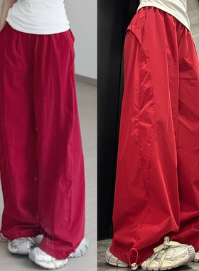 红色工装裤女2025夏季薄款高腰显瘦宽松阔腿裤小个子休闲直筒裤子