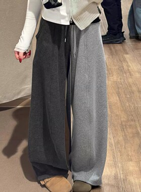 灰色加绒阔腿裤女秋冬加厚糯米香蕉小个子高腰南瓜休闲直筒弯刀裤