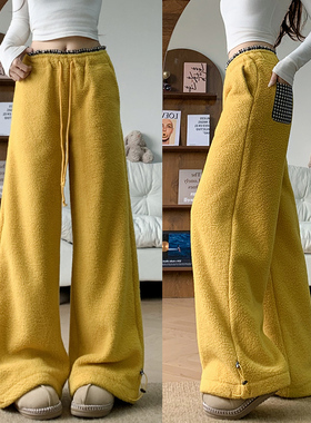 慵懒风黄色摇粒绒阔腿裤女2025新款小个子宽松束脚裤加绒休闲长裤