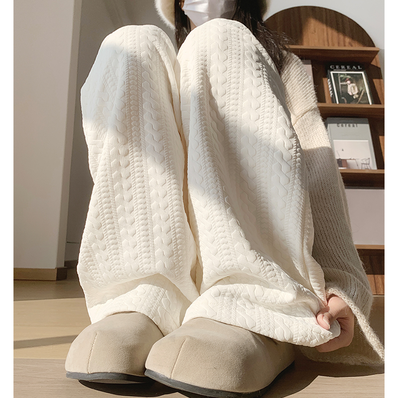 粉色加绒麻花纹阔腿裤女秋冬高腰垂感显瘦宽松休闲直筒雪尼尔裤子