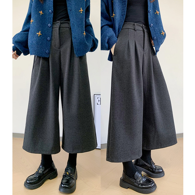 极简风高腰毛呢九分阔腿裤女2025
