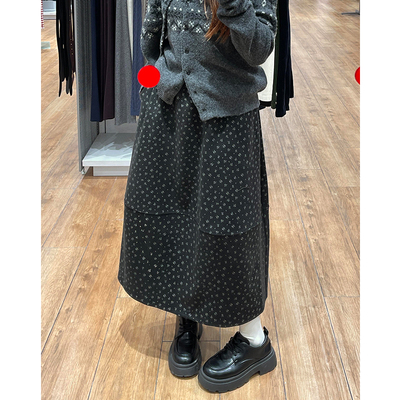 灰色毛呢碎花半身裙女秋冬复古