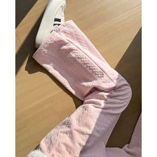 粉色加绒麻花纹阔腿裤女秋冬高腰垂感显瘦宽松休闲直筒雪尼尔裤子