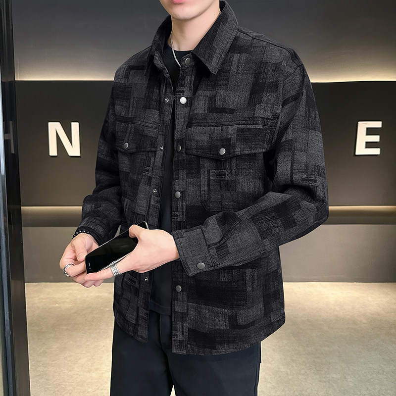 拔印格纹牛仔外套翻领复古休闲衬衣迷彩夹克男JK2289-P95,男装工装外套,电商D236（原A051）