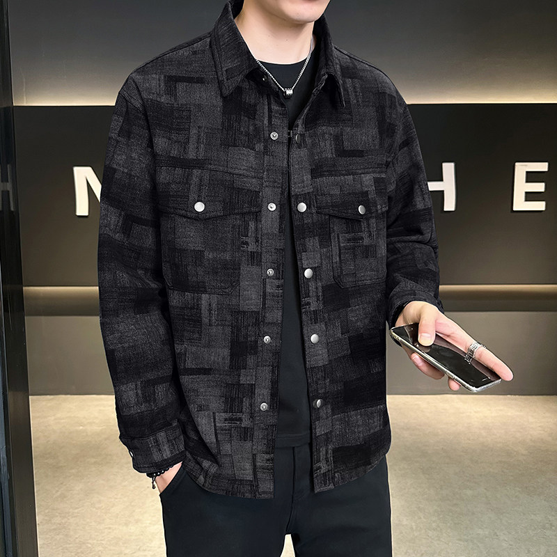 拔印格纹牛仔外套翻领复古休闲衬衣迷彩夹克男JK2289-P95,男装工装外套,电商D236（原A051）
