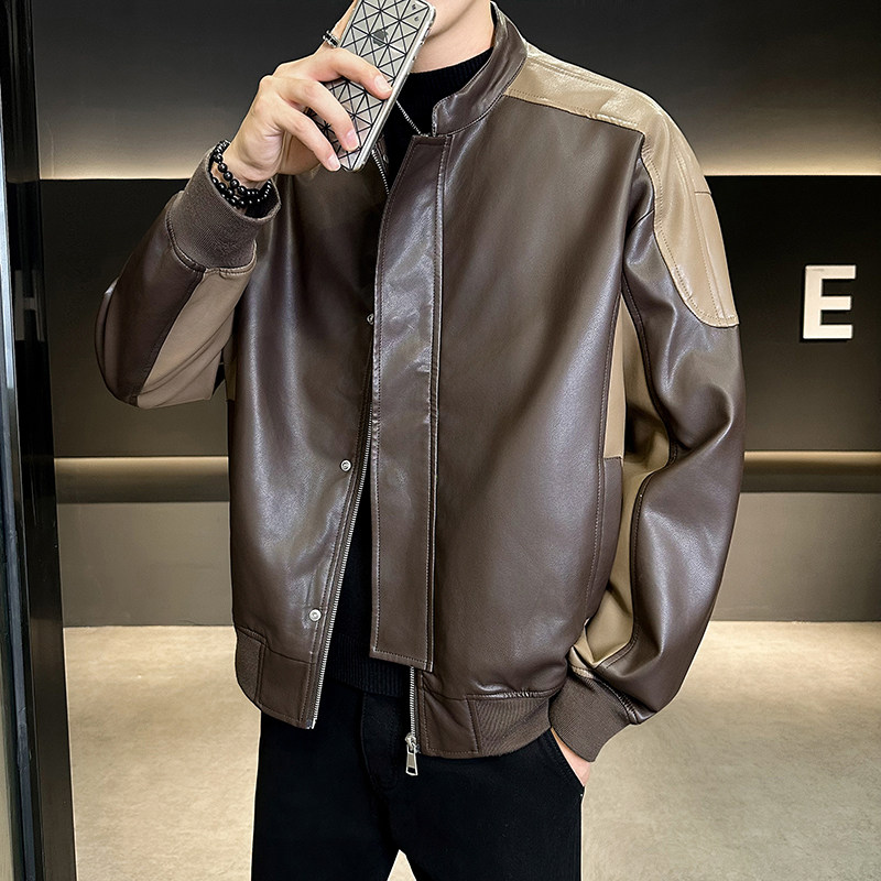 撞色拼接宽松PU皮衣立领夹克外套男3303-P135,男装夹克,电商D236（原A051）