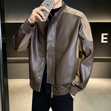 撞色拼接宽松PU皮衣立领夹克外套男3303-P135，男装夹克，电商D236（原A051）