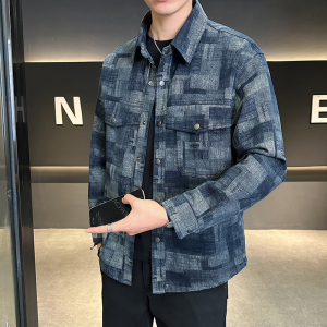 拔印格纹牛仔外套翻领复古休闲衬衣迷彩夹克男JK2289-P95图片