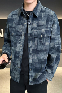 拔印格纹牛仔外套翻领复古休闲衬衣迷彩夹克男JK2289-P95图片