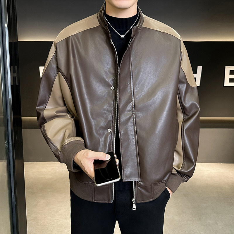 撞色拼接宽松PU皮衣立领夹克外套男3303-P135,男装夹克,电商D236（原A051）