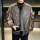 撞色拼接宽松PU皮衣立领夹克外套男3303-P135，男装夹克，电商D236（原A051）