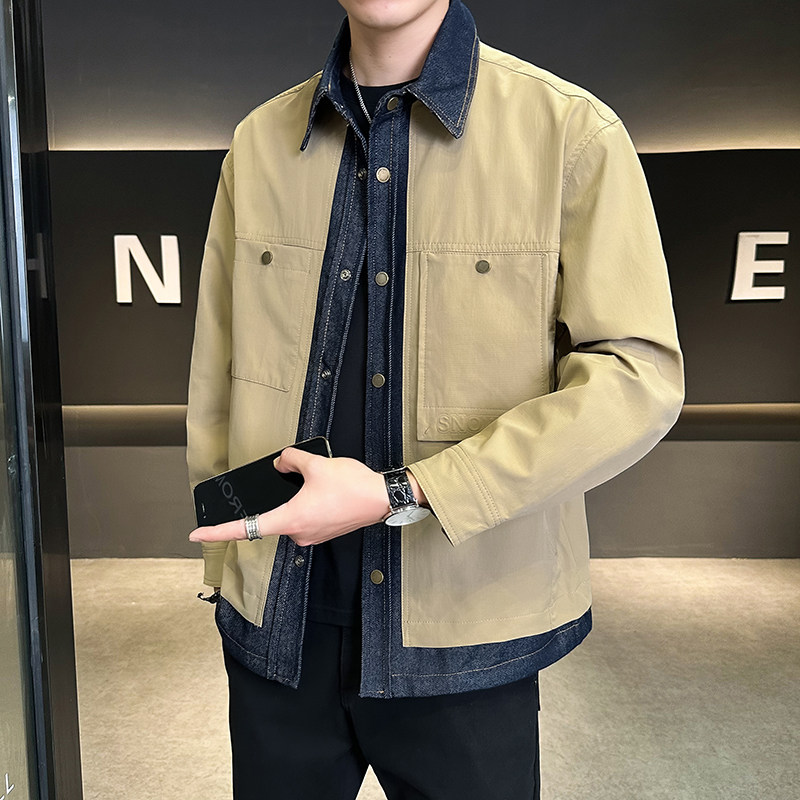 牛仔拼接假两件翻领夹克男潮牌设计感百搭外套JK2290-P110,男装夹克,电商D236（原A051）