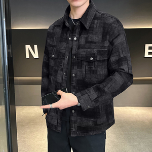拔印格纹牛仔外套翻领复古休闲衬衣迷彩夹克男JK2289-P95图片