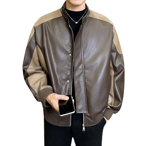 撞色拼接宽松PU皮衣立领夹克外套男3303-P135图片