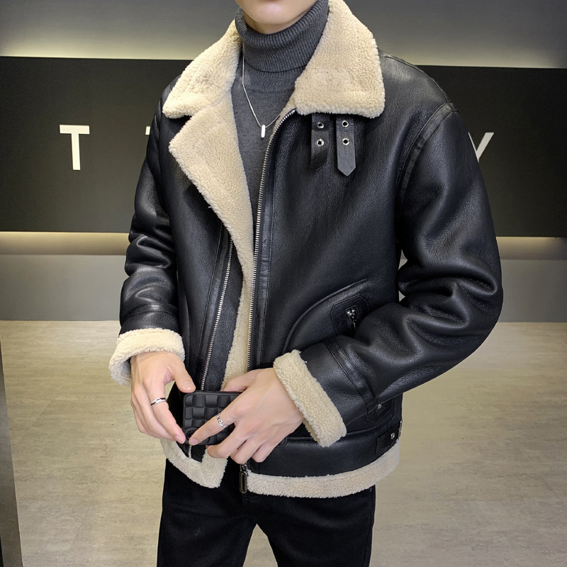 皮毛一体外套男冬季加绒加厚男士机车皮夹克9233-P210,男装夹克,电商D236（原A051）