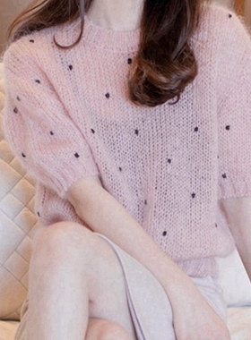 羊毛马海毛毛衣女新薄款海马针织衫欧洲站短袖粉色爆辣妹上衣紫色