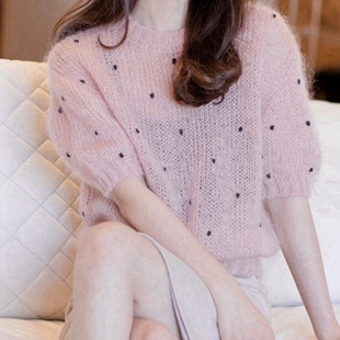 欧洲站短袖 粉色爆辣妹上衣紫色 海马针织衫 羊毛马海毛毛衣女新薄款