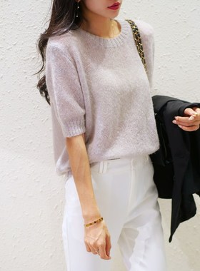 马海毛针织衫镂空薄款复古刺绣海马毛衣女短袖新款爆上衣春秋手工