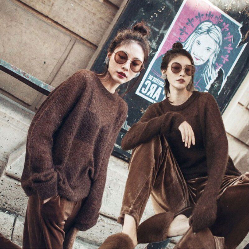 网红欧货马海毛毛衣外套女士秋冬薄2024新款爆款慵懒风套头美拉德