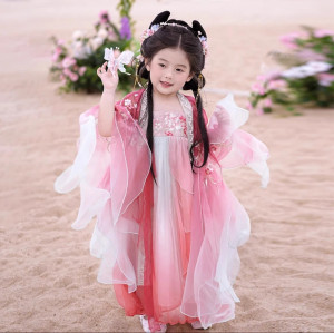 儿童桃花汉服国风超仙春秋女童公主古装大袖唐装刺绣连衣裙