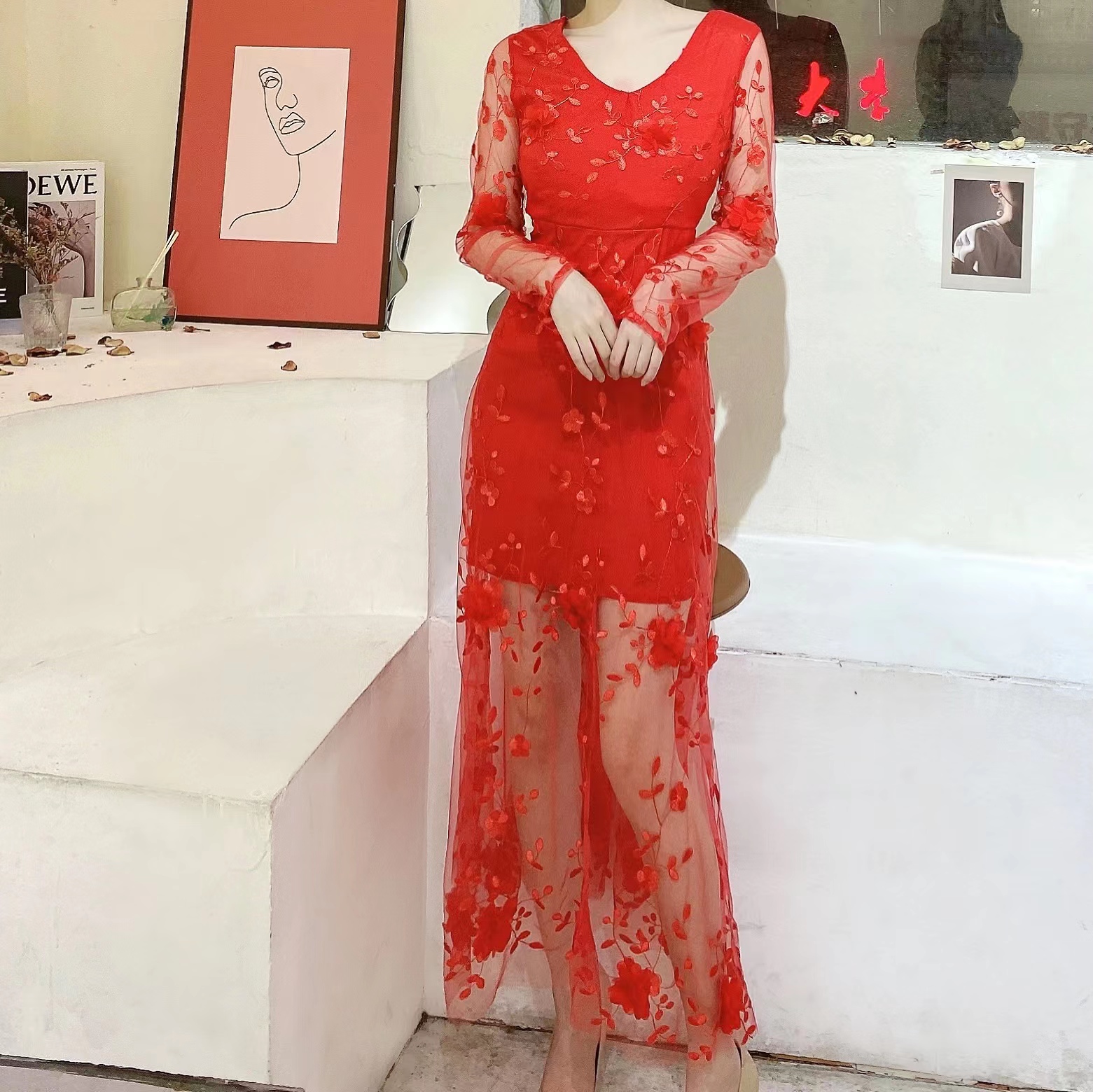 春装新款重工轻奢3d立体花网