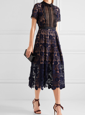 2848#欧洲站新款水溶蕾丝立体花朵修身长款连衣裙