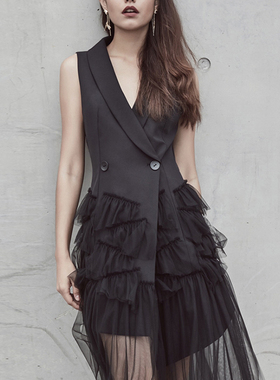 2914#春夏新款无袖西装网纱拼接修身蛋糕连衣裙