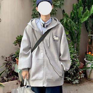 流汗小狗原创拉链连帽卫衣开衫女宽松刺绣复古休闲廓形长袖外套