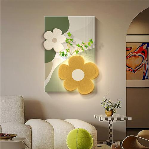 奶油风客厅装饰画立体高级感北欧沙发背景墙壁画发光绿植花卉挂画图片