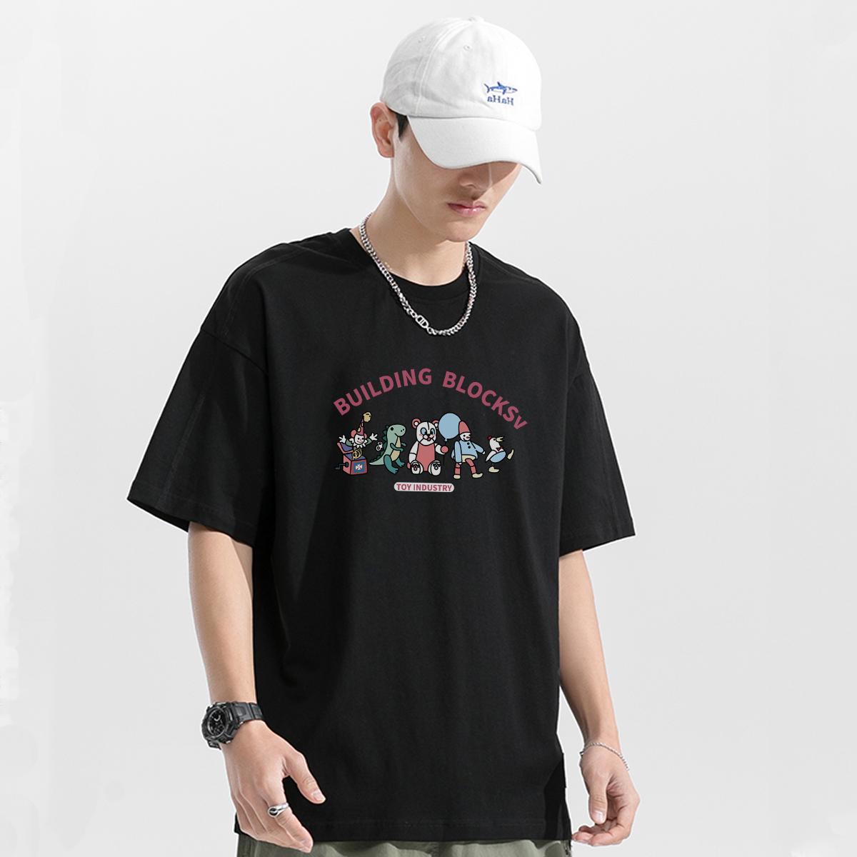 230克纯棉港风落肩新款宽松情侣短T圆领男短袖女T恤A5046P25，男装T恤，电商B215-1