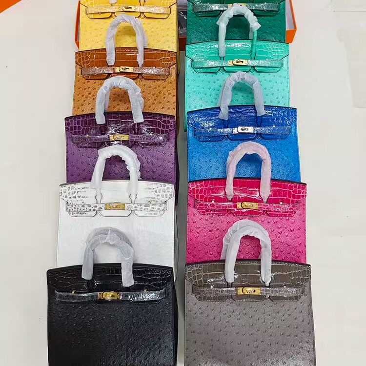 外缝鸵鸟皮鳄鱼纹拼接铂金包