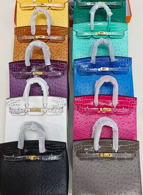 新款铂金包鸵鸟皮配鳄鱼皮外缝高端拼接touch手提女包凯莉25 30CM