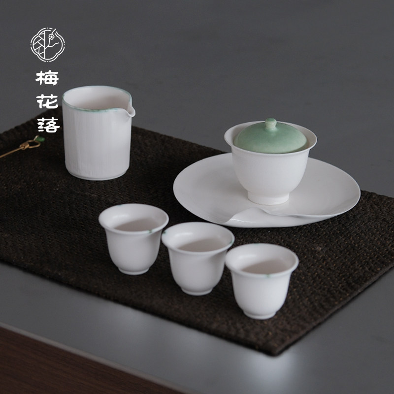 梅花落绿釉盖双色盖碗粉引白茶具粗陶茶杯公道杯泡茶碗小清新风格