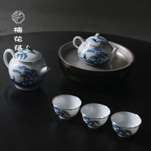 梅花落柴窑手绘青花茶壶茶杯包银口矮梨壶民窑渭水垂钓清物堂