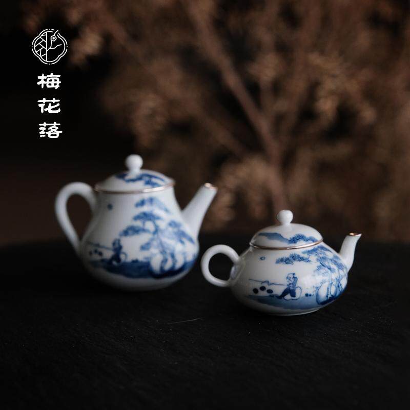 梅花落青花柴窑瓷壶民窑手绘包银山水人物梨形壶正把泡茶壶清物堂