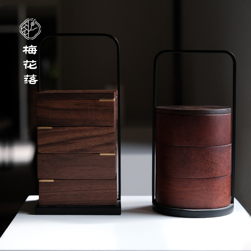梅花落中式提篮胡桃木果盘茶点盒糕点户外茶具收纳盒新中式本兮