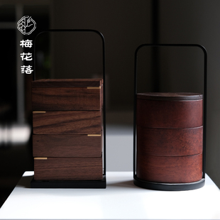 梅花落中式提篮胡桃木果盘茶点盒糕点户外茶具收纳盒新中式本兮