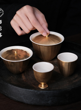 梅花落金釉菊棱盖碗薄胎不烫手泡茶器陶鎏金茶具高足杯吴一延手作