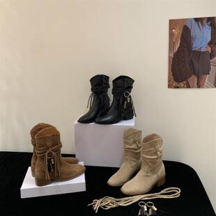 复古废土风流苏西部靴女鞋粗跟绑带堆堆靴小个子磨砂皮短靴中筒靴
