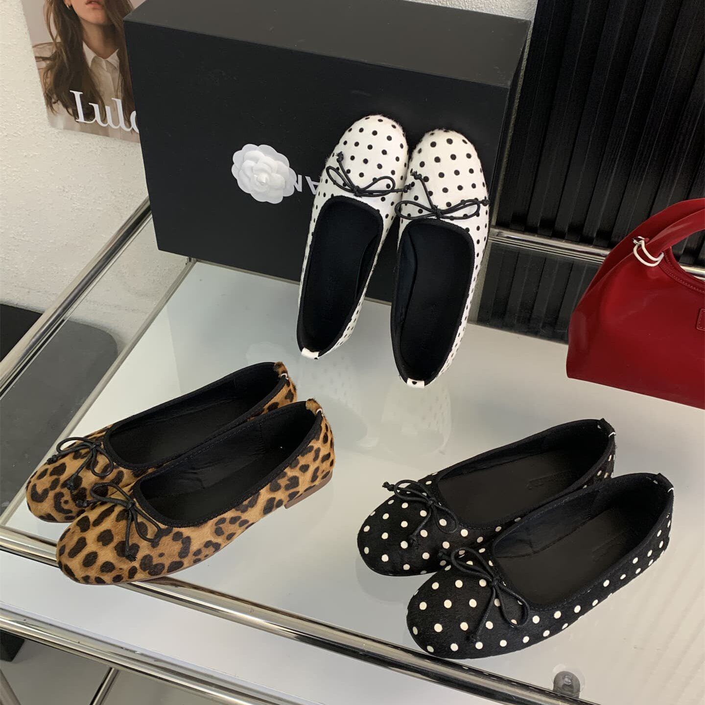 真皮甜美风蝴蝶结豹纹芭蕾舞鞋女平底一脚蹬百搭舒适软底浅口单鞋